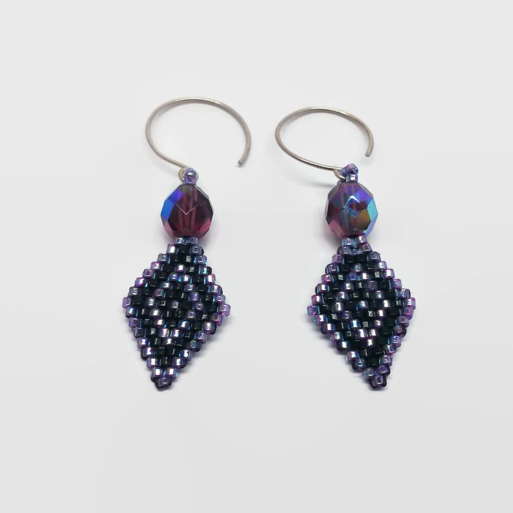 Purple & Black Beadwork Earrings With Hand Wrought Sterling Silver Ear Wires
